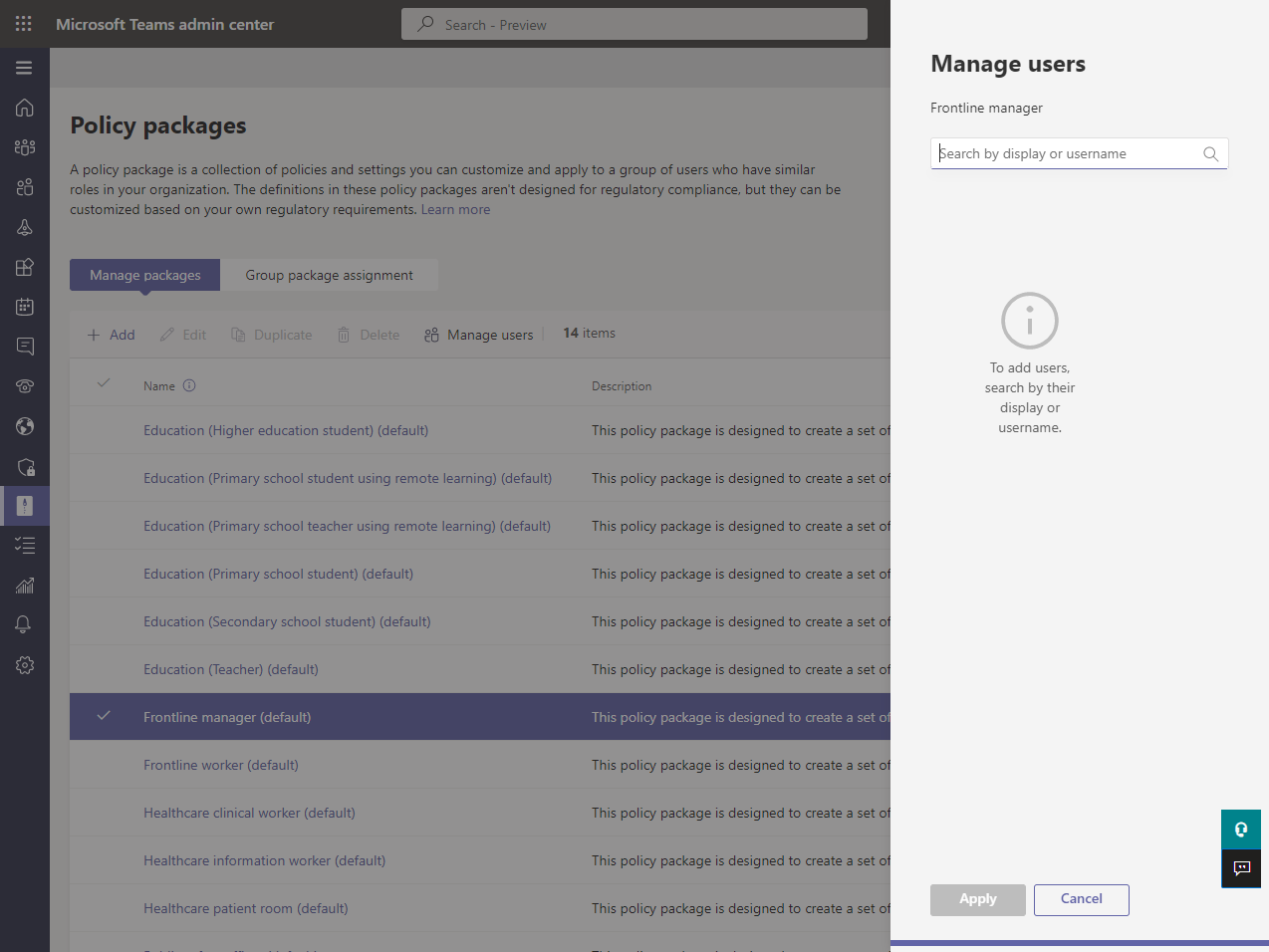Screenshot of how to assign a policy package to a user in the Teams admin center.