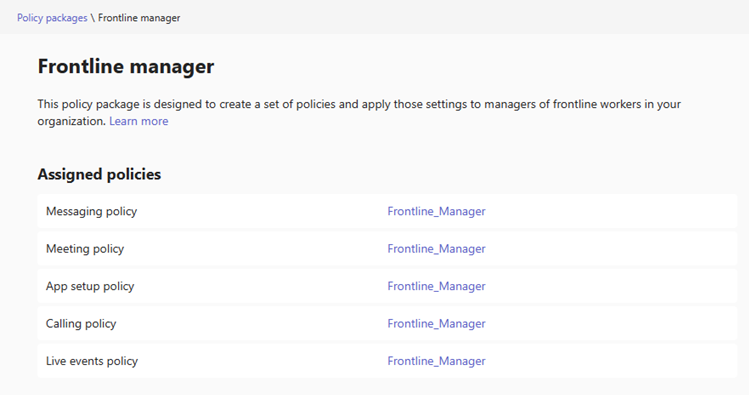 Screenshot of policies in the Frontline manager policy package.