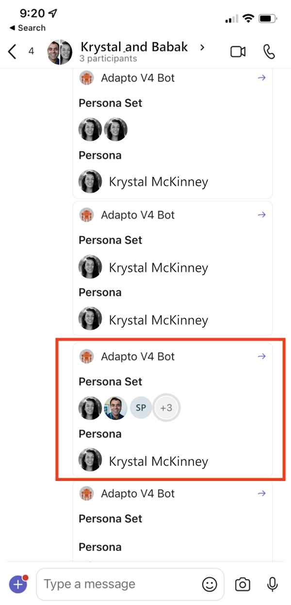 Screenshot shows another example of people icon in a persona and persona set in Teams mobile client.