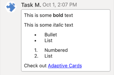 Screenshot shows an example of Adaptive Card Markdown formatting in Teams iOS Platform.