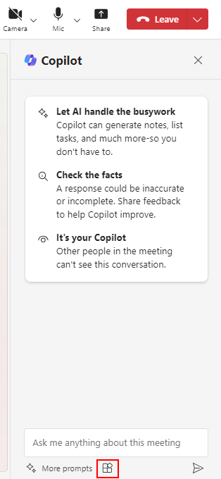 Screenshot shows the plugin icon in the copilot pane in a Teams meeting.
