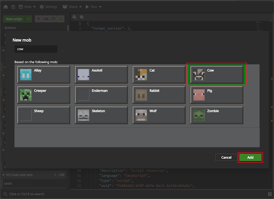 Image of the Cow in the mob selector box