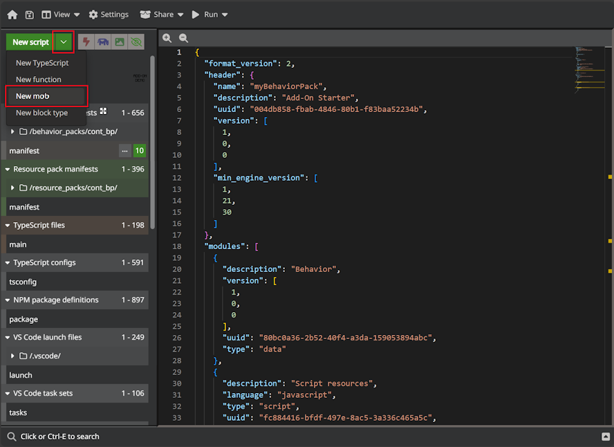 Image of the down arrow and new mob link