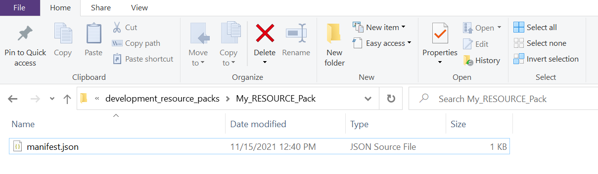 image of newly created file named manifest.json file located within the My_RESOURCE_Pack folder