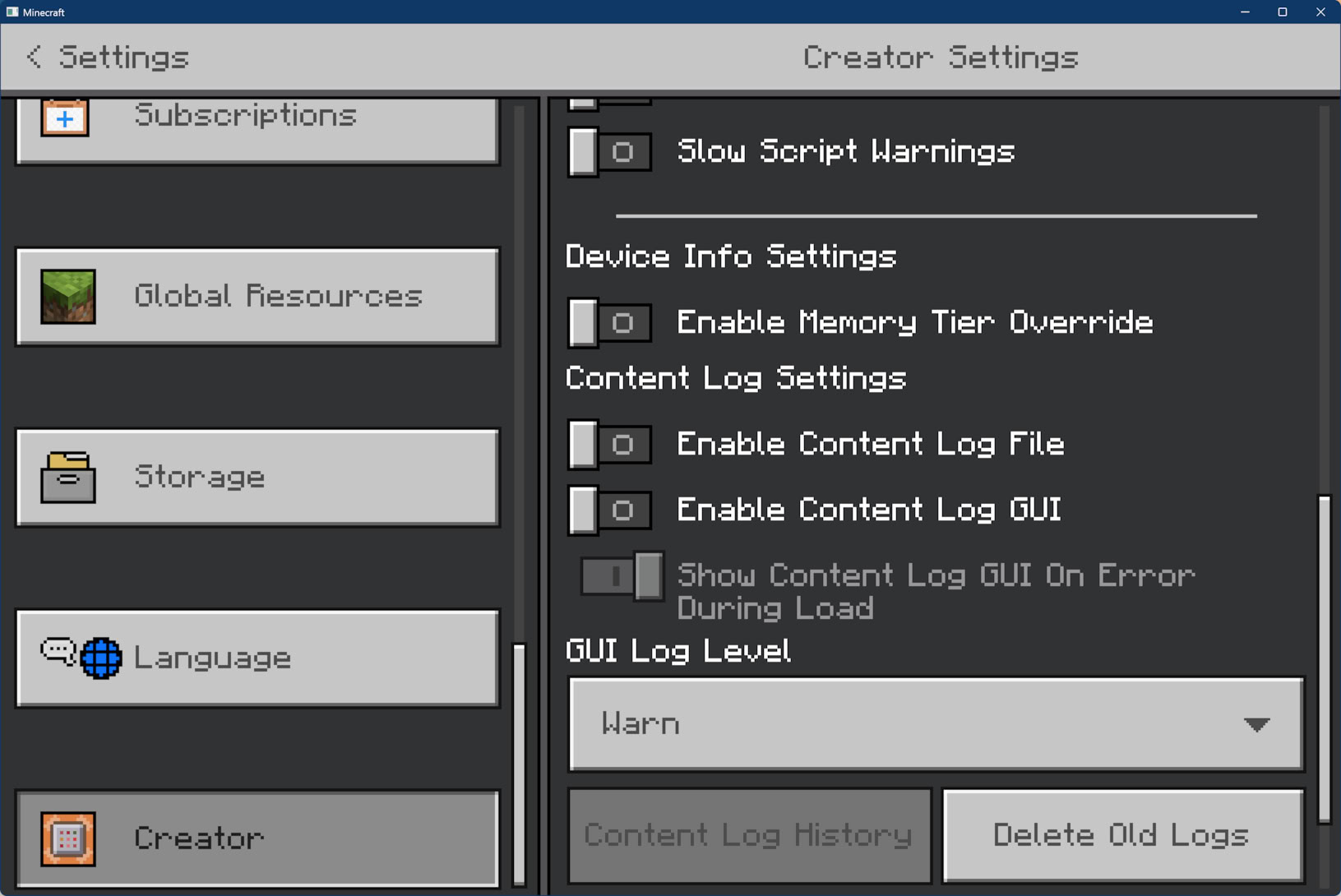 Minecraft: Bedrock Edition content log setting GUI