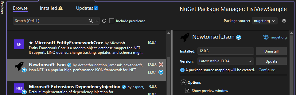 Pakiet Newtonsoft.Json jest wybierany w interfejsie użytkownika Menedżera pakietów, a zostanie wyświetlony komunikat 