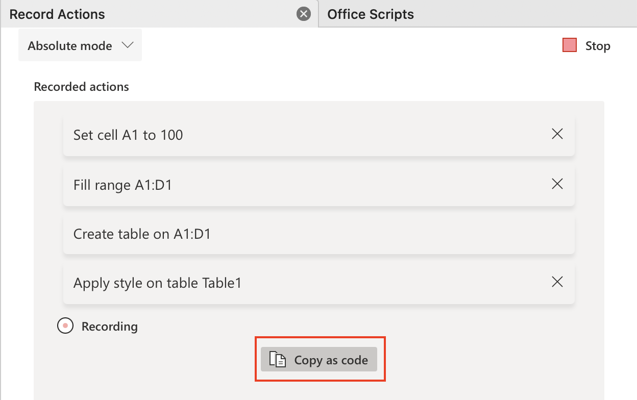 The action recorder task pane with the 'Copy as code' button highlighted.