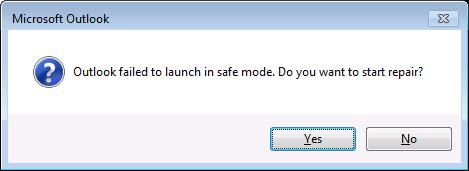Zostanie wyświetlony komunikat informujący o tym, że uruchomienie programu Outlook nie powiodło się w trybie awaryjnym.