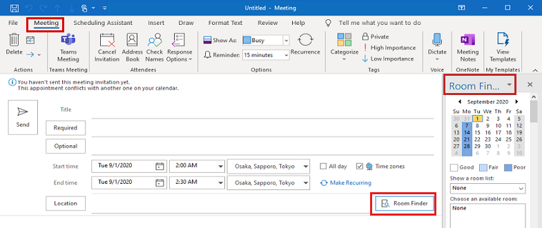 Zrzut ekranu przedstawiający funkcję Znajdź pokój w widoku Spotkania w usłudze Microsoft 365.
