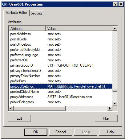 Zrzut ekranu przedstawiający ustawienia protokołu dla użytkownika, w tym MAPI.