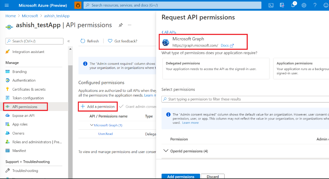 Zrzut ekranu przedstawiający ekran uprawnień żądania w witrynie Azure Portal z wybranym programem Microsoft Graph.