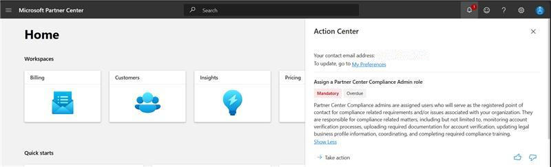 Screenshot shows Action Center, with Take action button highlighted.