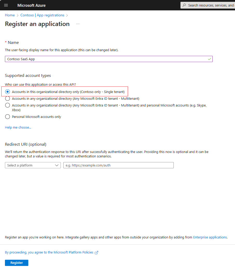 Zrzut ekranu przedstawiający ekran rejestracji aplikacji SaaS Entra.