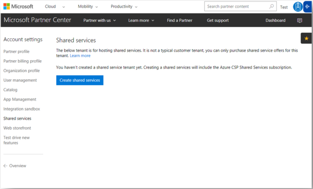 Zrzut ekranu przedstawiający stronę Usługi udostępnione w Centrum partnerskim z przyciskiem Utwórz usługi udostępnione.