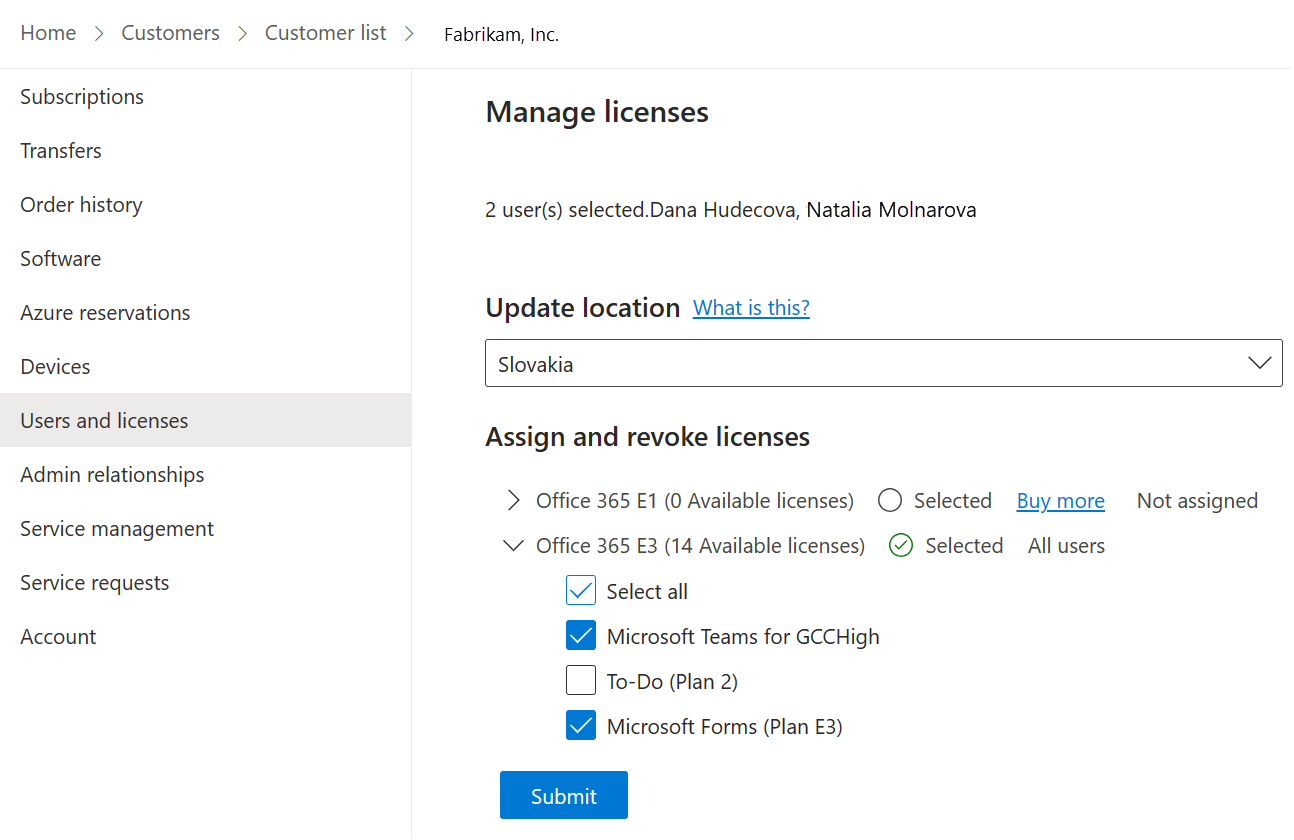 Zrzut ekranu przedstawiający stronę Zarządzanie licencją z wybranymi dwoma użytkownikami.