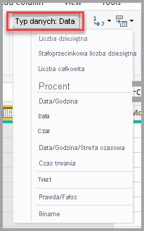 Zrzut ekranu edytora Power Query przedstawiający wybór listy rozwijanej Typ danych.