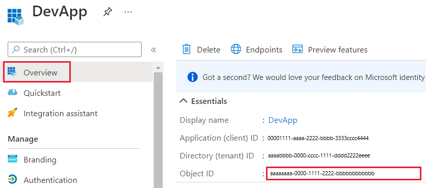 Zrzut ekranu przedstawiający okno witryny Azure Portal, które pokazuje identyfikator obiektu w bloku Przegląd aplikacji Microsoft Entra.