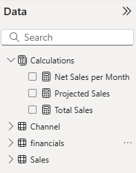 Zrzut ekranu przedstawiający okienko Dane w programie Power BI Desktop. Pole w górnej części listy to tabela zawierająca trzy miary i bez kolumn.