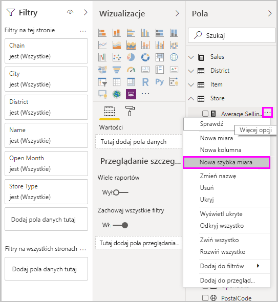 Zrzut ekranu przedstawiający zakładkę Pola z wybraną opcją Nowa szybka miara.