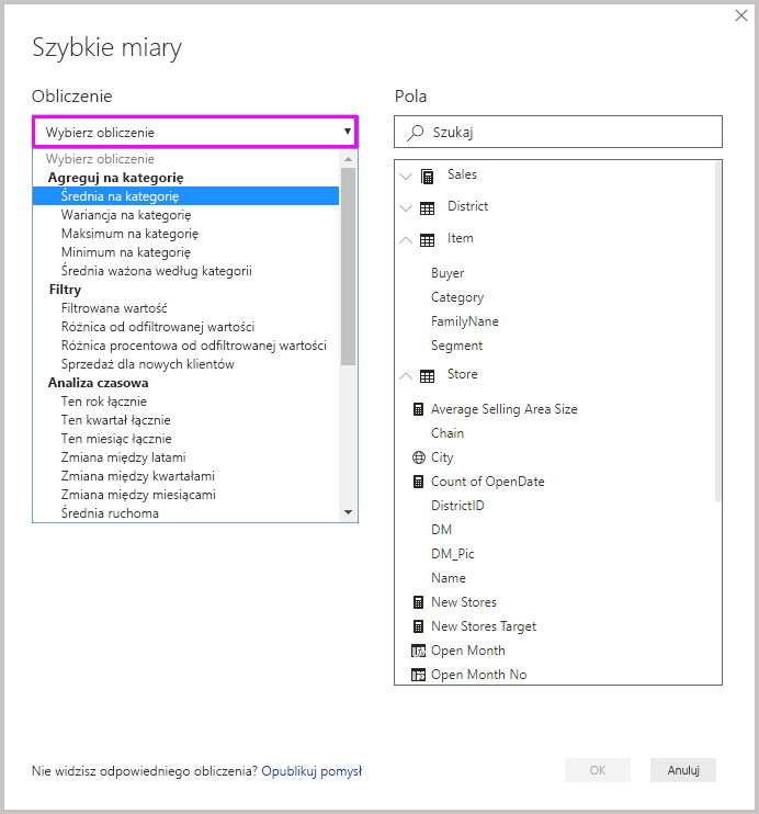 Zrzut ekranu przedstawiający ekran „Szybkie miary” i listę rozwijaną „Wybierz obliczenie”.