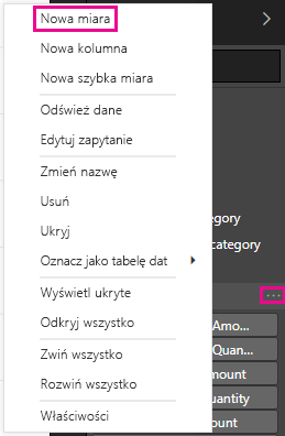 Zrzut ekranu nowej miary z listy w menu.