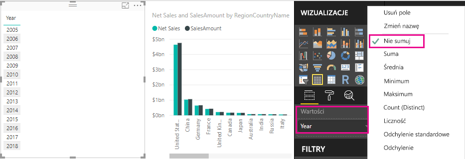 Zrzut ekranu przedstawiający menu z wybraną opcją Nie podsumowuj.