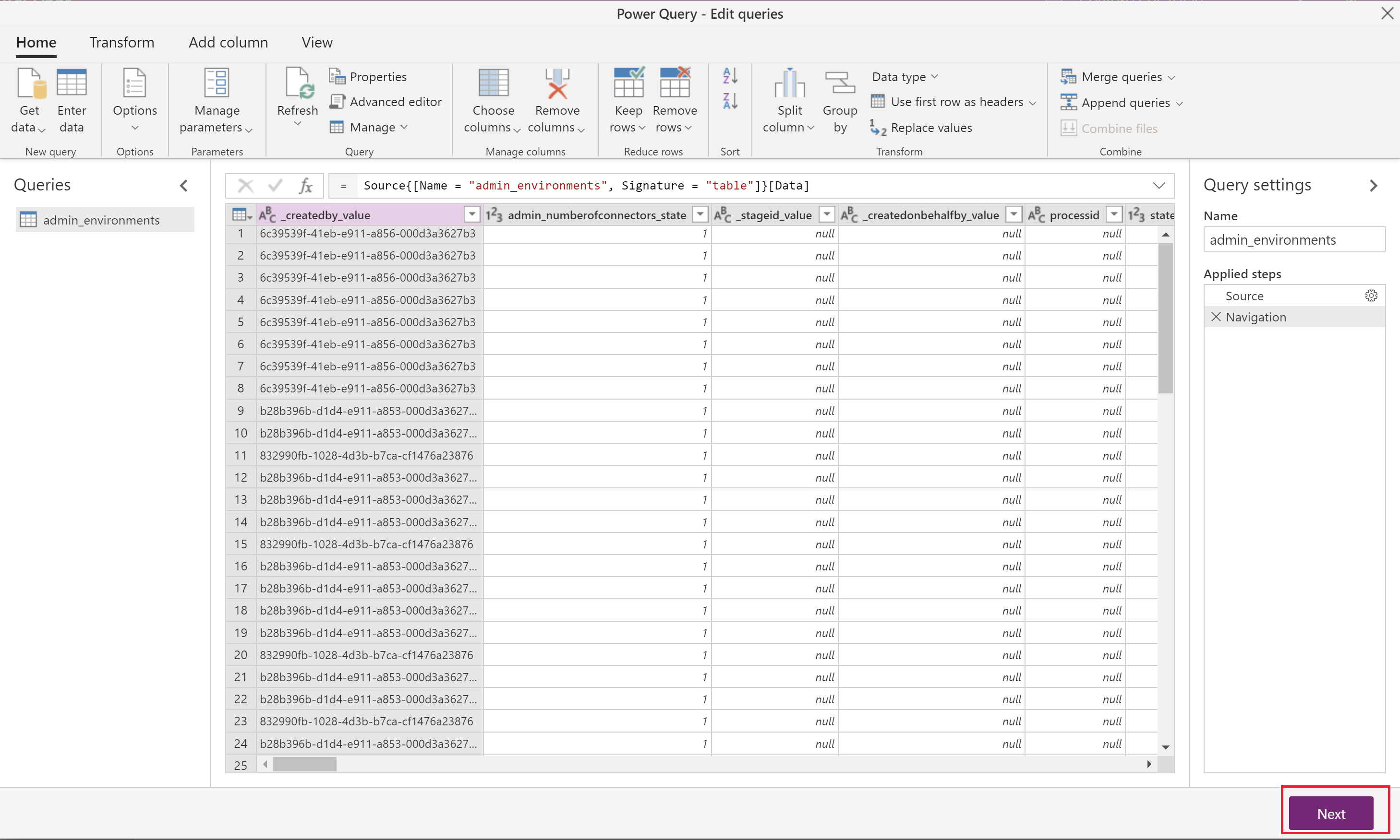 Screenshot of the Power Query navigator showing available tables from the source environment.