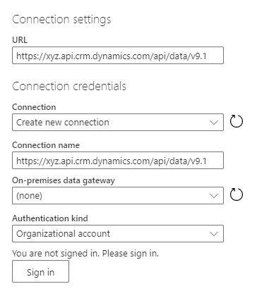 Screenshot of the OData connection settings dialog with fields for URL, connection, and authentication.