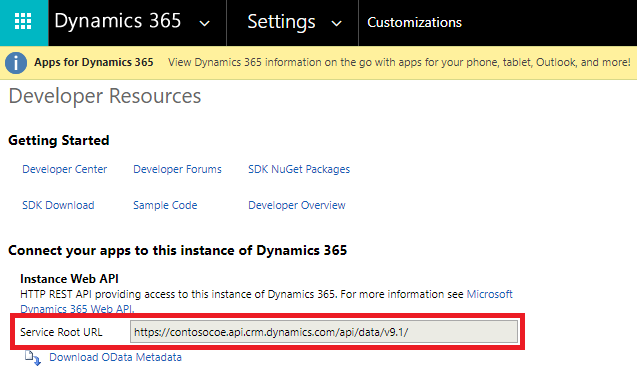 Screenshot of the Developer Resources page showing the Service Root URL to copy.