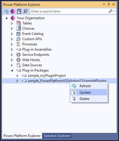 Select a plug-in package and select Update from the context menu