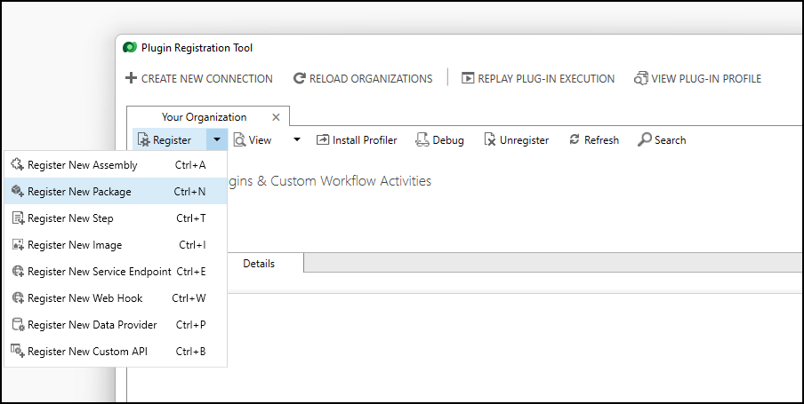 Command to register a plug-in package using the plug-in registration tool.