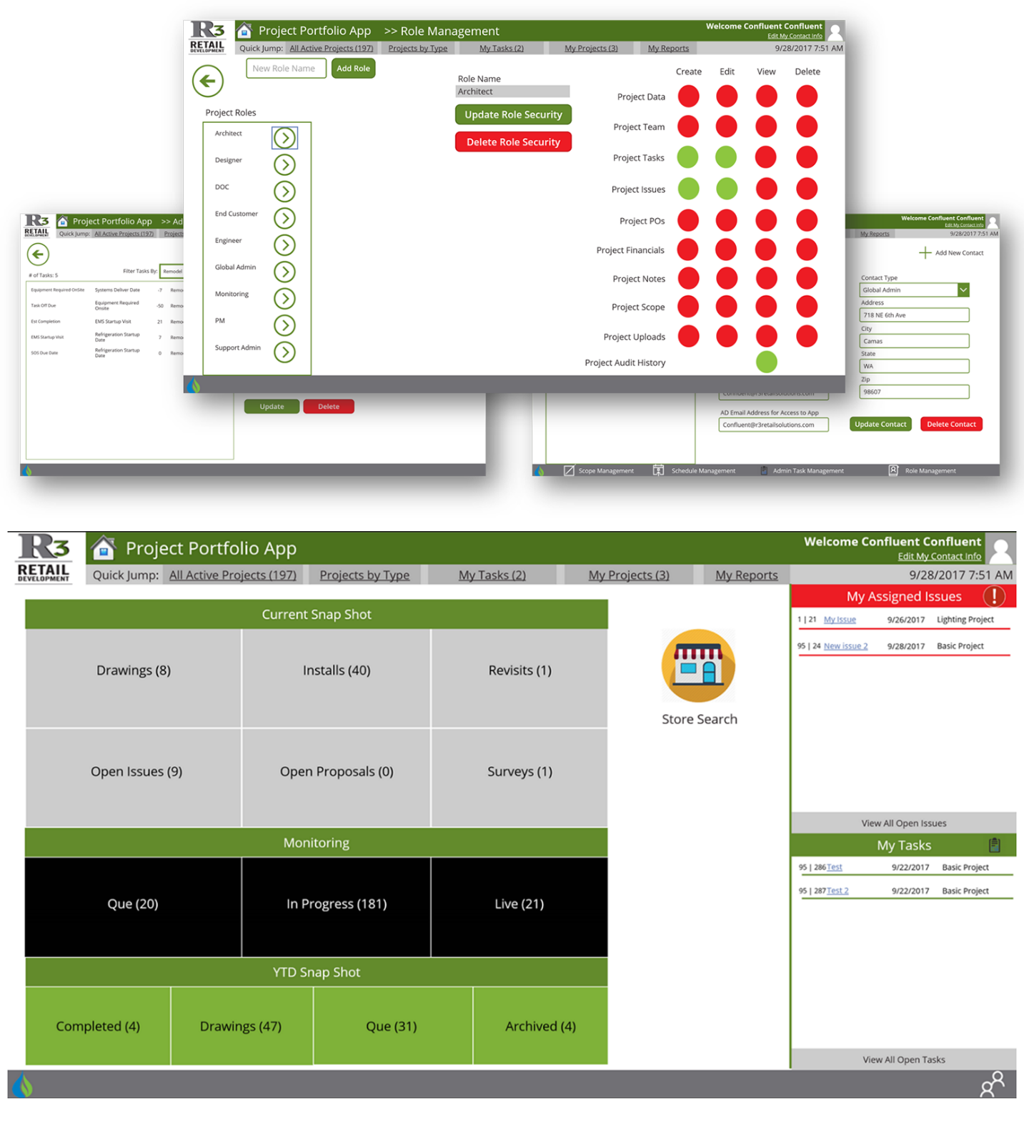 Zrzut ekranu przedstawiający ekran zarządzania rolami i pulpit nawigacyjny kluczowych statystyk w aplikacji firmy R3.