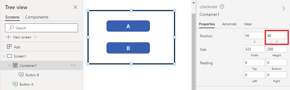 B jest umieszczany w kontenerze wyświetlanym przed kontenerem A.