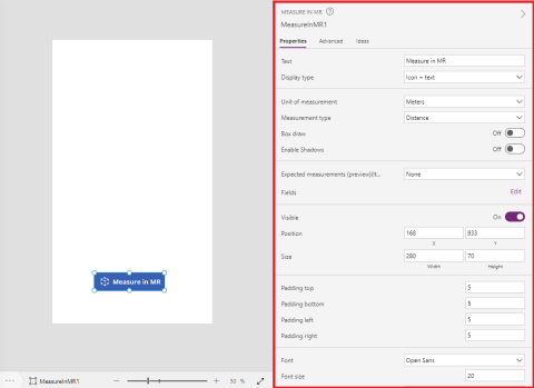 Zrzut ekranu przycisku Measuring camera w trakcie tworzenia w programie Microsoft Power Apps Studio, ukazanej wraz jej właściwościami.