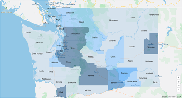 Zrzut ekranu mapy z zaimportowanymi kształtami, które podkreślają określone obszary.