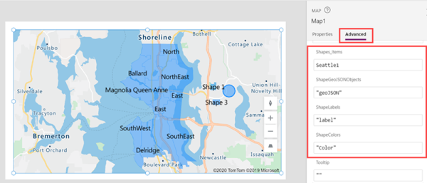 Zrzut ekranu z zaawansowanymi właściwościami kontrolką map, z polami źródła danych i wynikowymi kształtami wyświetlanymi na mapie.