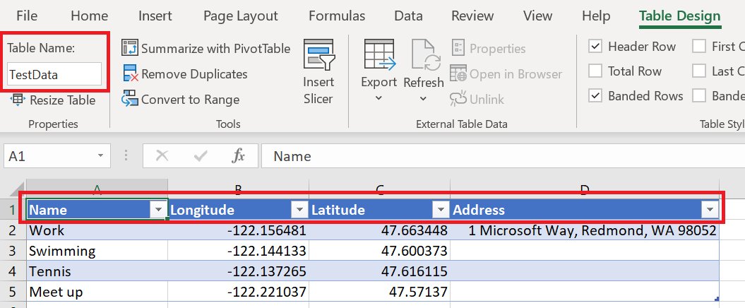 Przykładowy arkusz programu Excel z tabelą o nazwie TestData, która zawiera informacje wymagane do umieścić przypiętych punktów kontrolnych na mapie.