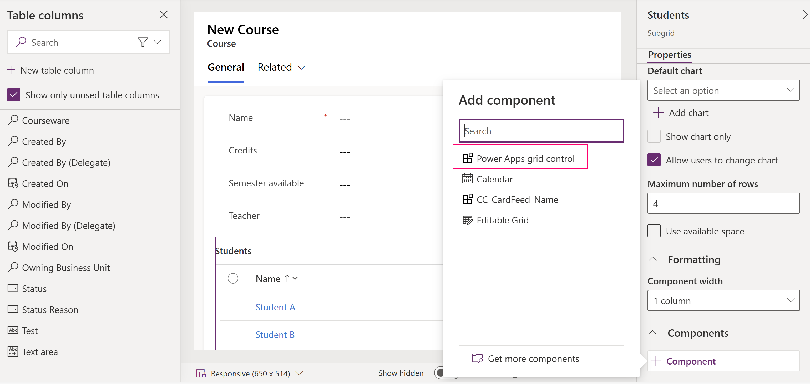 Dodaj kontrolkę siatki Power Apps tylko do odczytu do tabeli