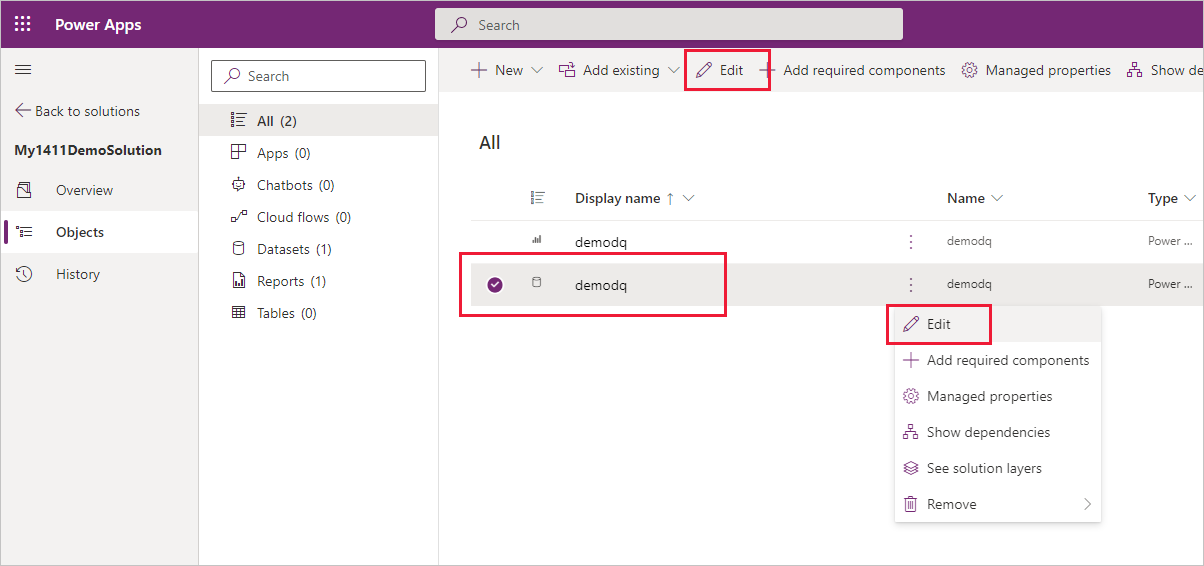 Zrzut ekranu przedstawiający przyciski edycji składnika Power BI.