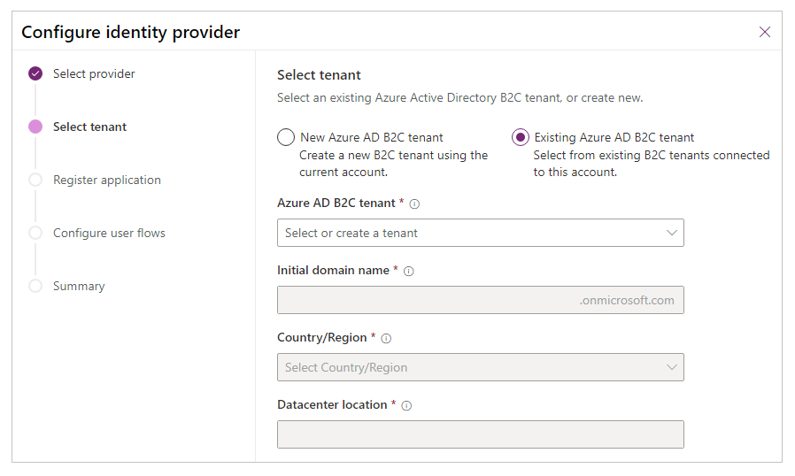 Wybieranie lub tworzenie dzierżawy usługi Azure AD B2C.