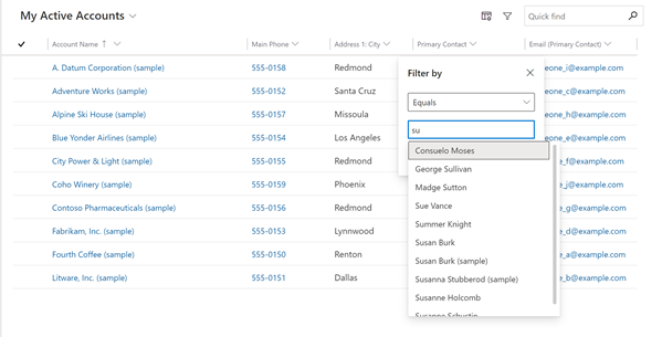 Zrzut ekranu filtru kolumny Kontakt podstawowy, który wskazuje ukończenie wyszukiwania.