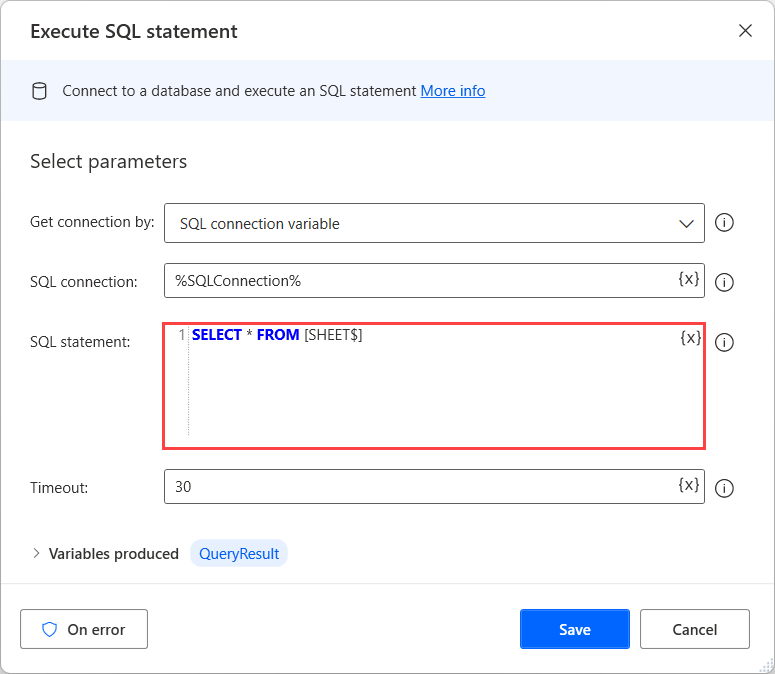 Zrzut ekranu przedstawiający akcję Wykonaj instrukcje akcji SQL z zapytaniem SELECT.