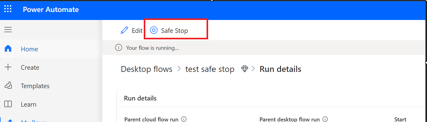 Zrzut ekranu przycisku służącego do bezpiecznego zatrzymania przepływu pulpitu za pośrednictwem portalu Power Automate.