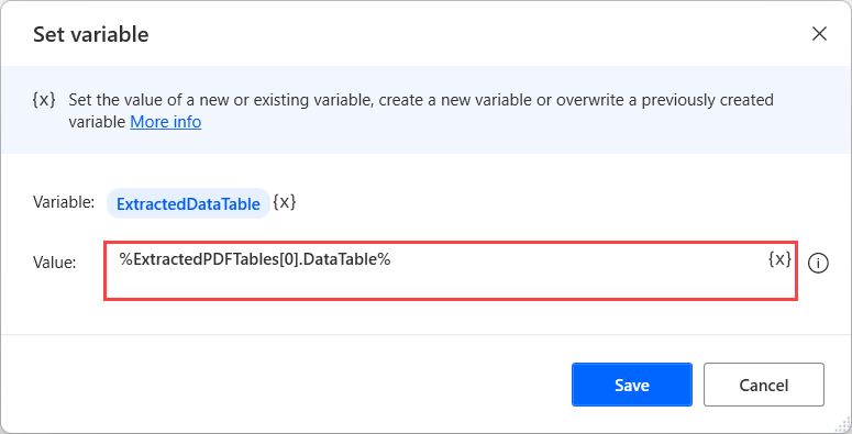Zrzut ekranu tabeli danych zawartej na liście zmiennych informacji dla tabeli PDF.