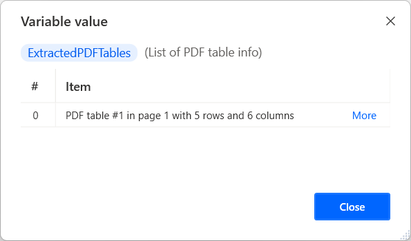 Zrzut ekranu przedstawiający listę informacji o tabeli PDF.