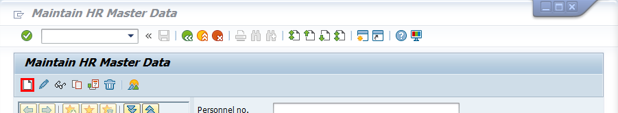 Zrzut ekranu okna Utrzymanie danych głównych HR w aplikacji SAP Easy Access. Przycisk z ikoną dokumentu jest zaznaczony.
