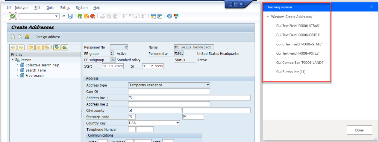 Zrzut ekranu przedstawiający okno SAP Easy Access z oknem sesji śledzenia Power Automate Desktop.