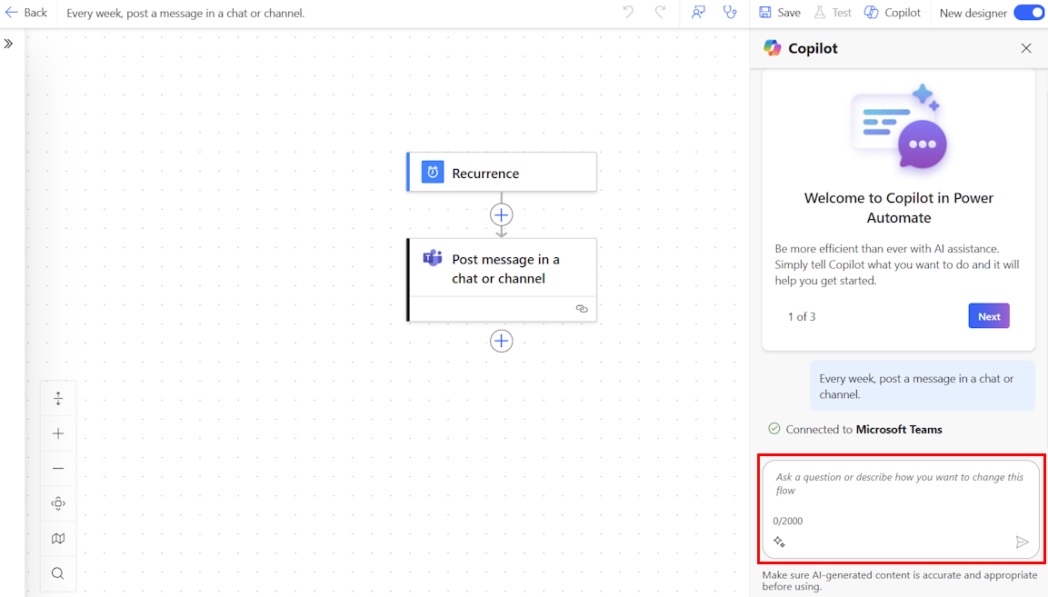 Screenshot of the cloud flows designer with Copilot that shows your flow.