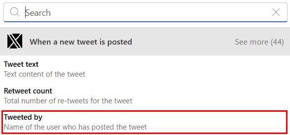 Zrzut ekranu z dodawaniem treści dynamicznej 'Autor tweeta' nowym kreatorze.