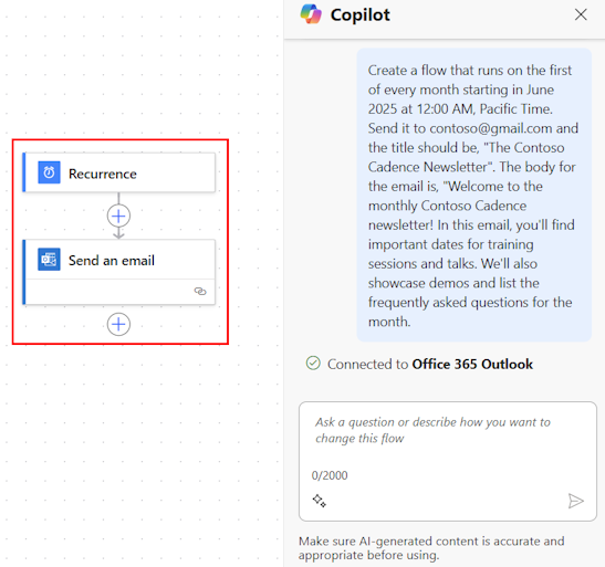 Screenshot of the designer after the flow is created with the Copilot panel.